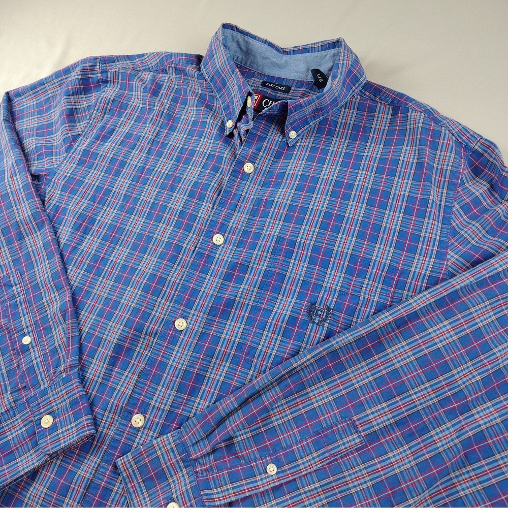 Chaps Men's Large Blue Red Plaid Button Down Long Sleeve Shirt Cotton Easy Care
